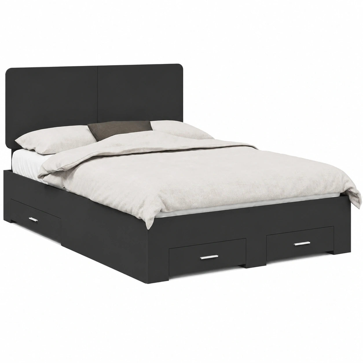 Modernes Doppelbett 140x190 cm mit Stauraum und Kopfteil, Schwarzes Holzdesign inklusive Lattenrost