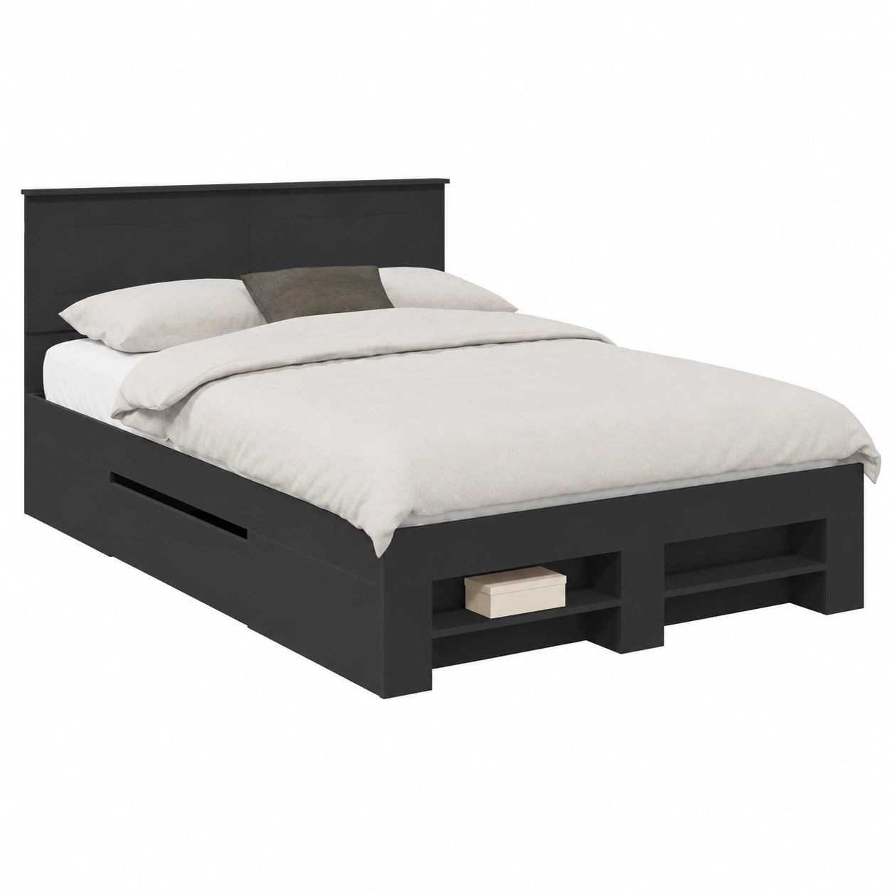 Modernes Bettgestell mit Kopfteil, 140x200 cm, schwarzes Holzdesign, robust und einfach zu montieren
