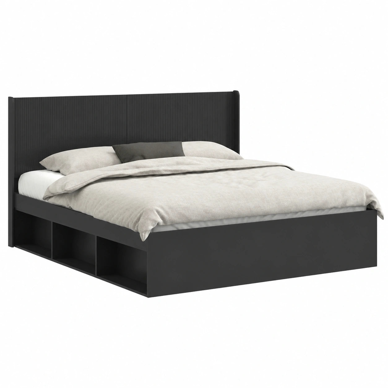 Modernes Doppelbett 200x200 cm mit Stauraum und Kopfteil, Holzwerkstoff, Stabiler Rahmen, Minimalistisches Design, Schwarz