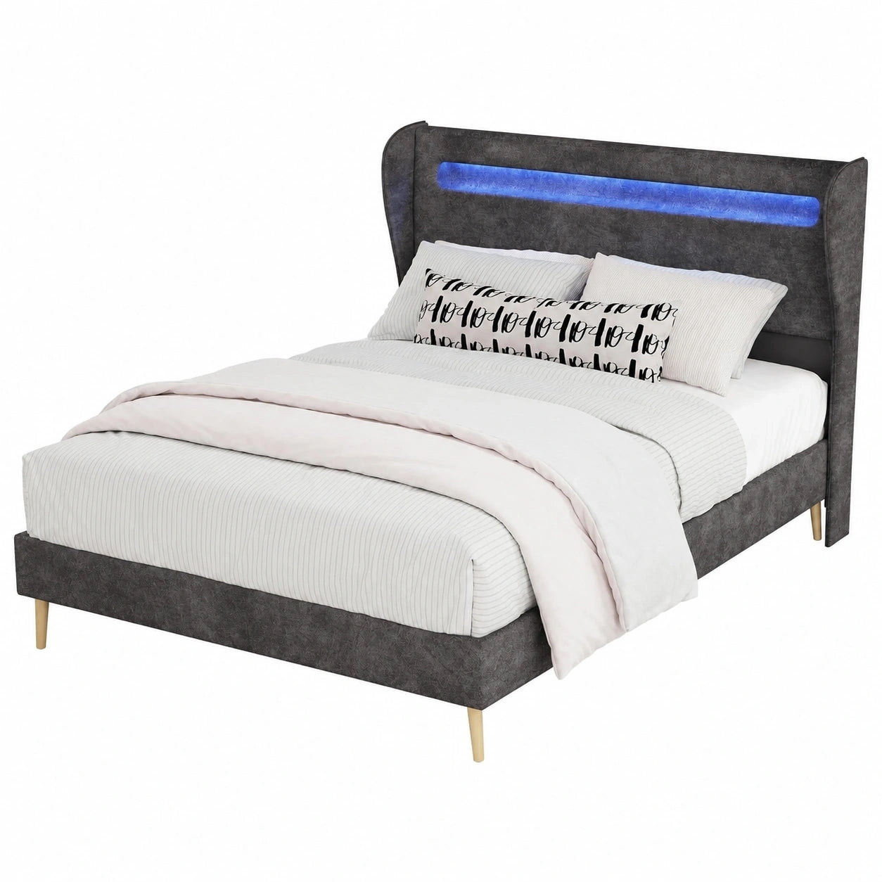 Modernes minimalistisches Polsterbett mit LED-Kopfteil, 140x200 cm, Grau, Vielseitiges Schlafzimmermöbel, Flaches Design ohne Stauraum, Inklusive Matratze