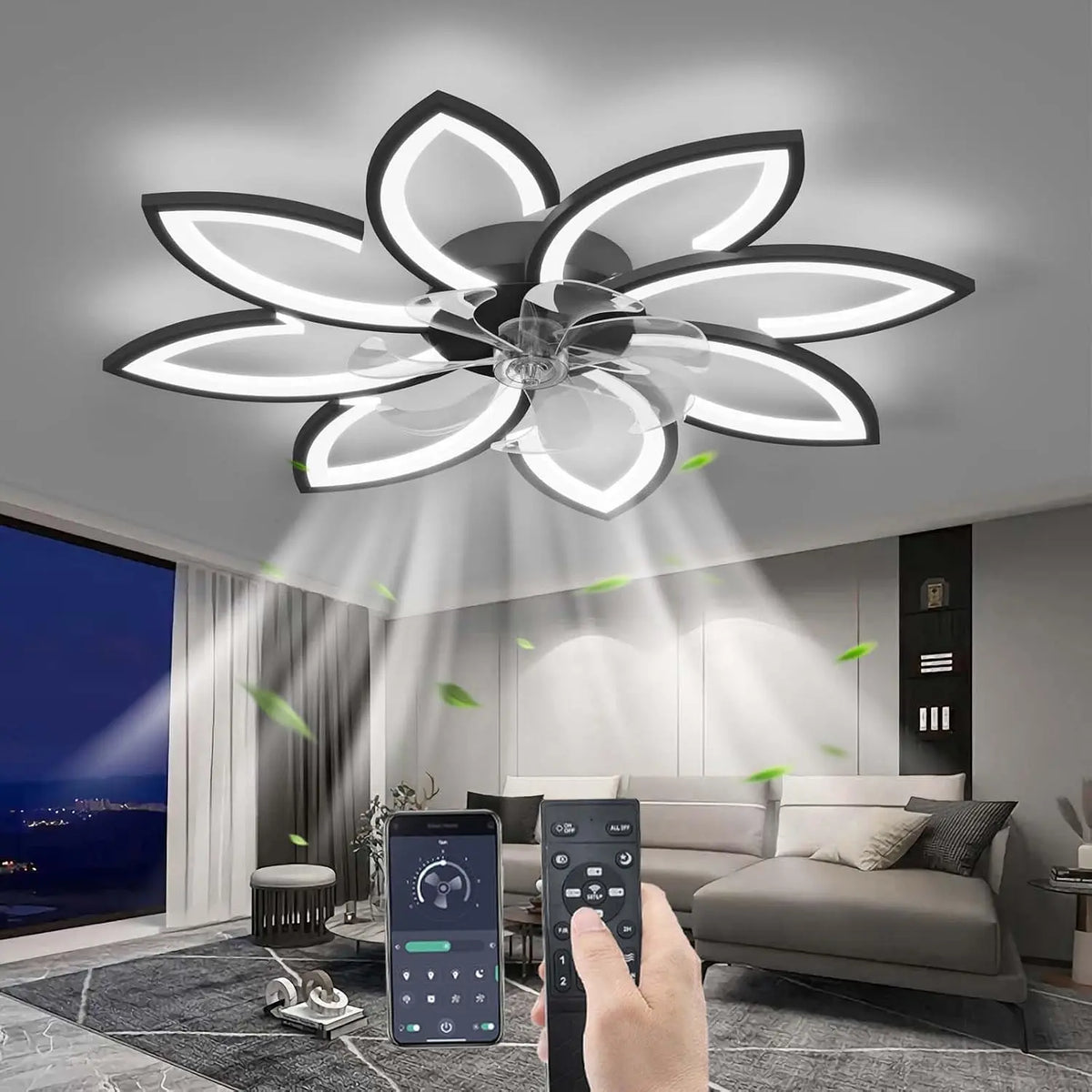 YUNZI Ventilator 90 CM mit Fernbedienung und LED-Beleuchtung Schwarz