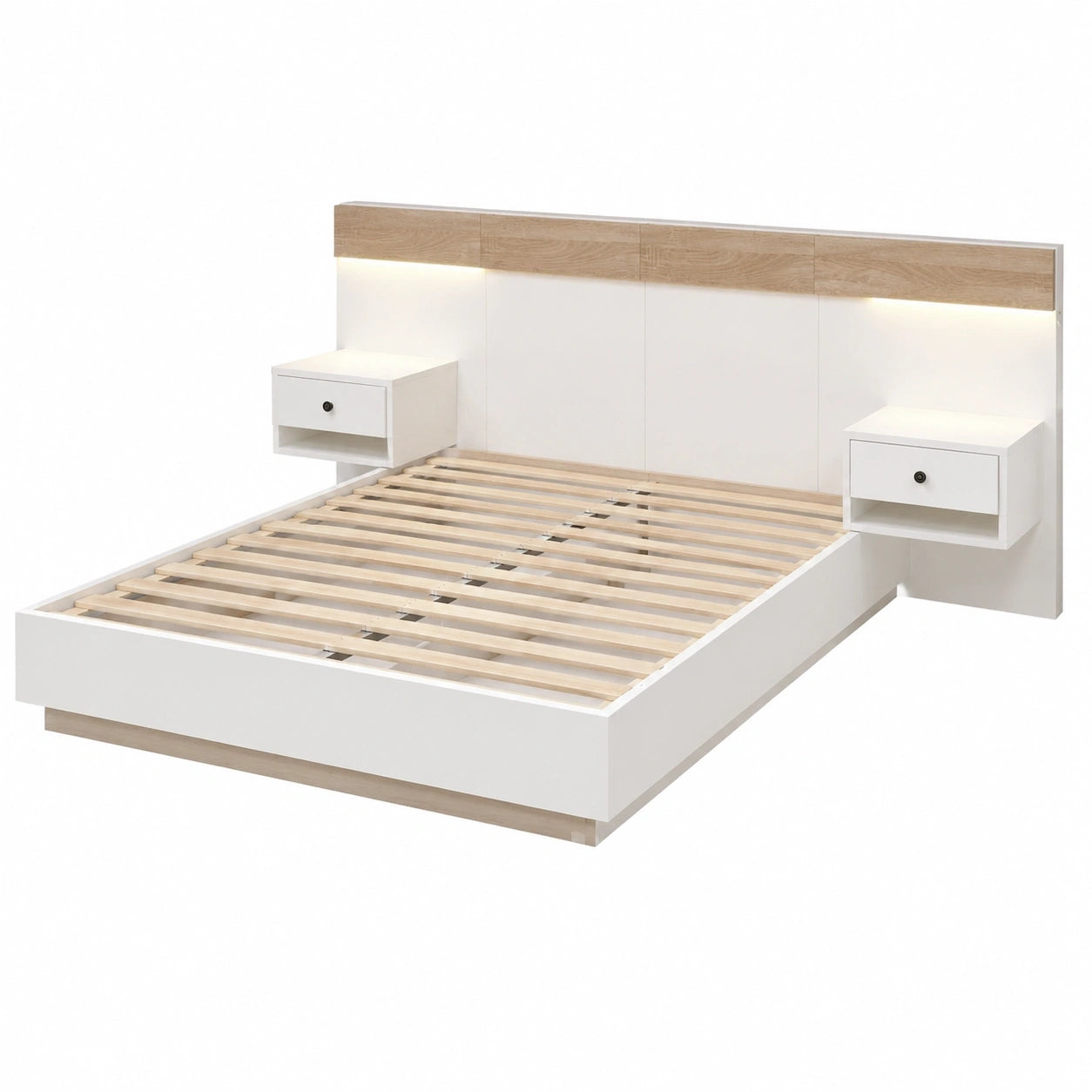 Modernes Doppelbett 140x200 cm mit LED-Licht und USB-Anschlüssen, inklusive 2 Nachttischen und Lattenrost, Eiche Sonoma/Weiß, ohne Matratze