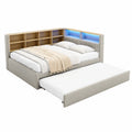 Modernes Polsterbett 140x200 cm mit LED, USB und Stauraum, hellgrau