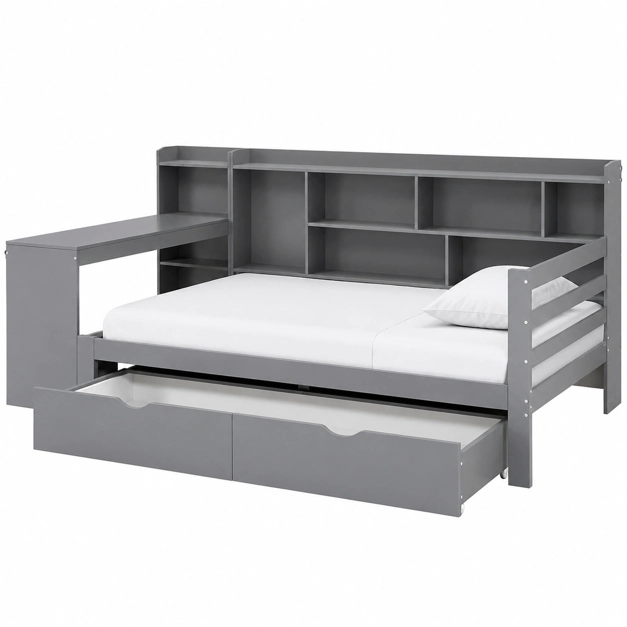 Multifunktionales Massivholzsofa 90x200 mit Schreibtisch, Regalen und USB-Anschluss, Gästebett ohne Matratze, Grau