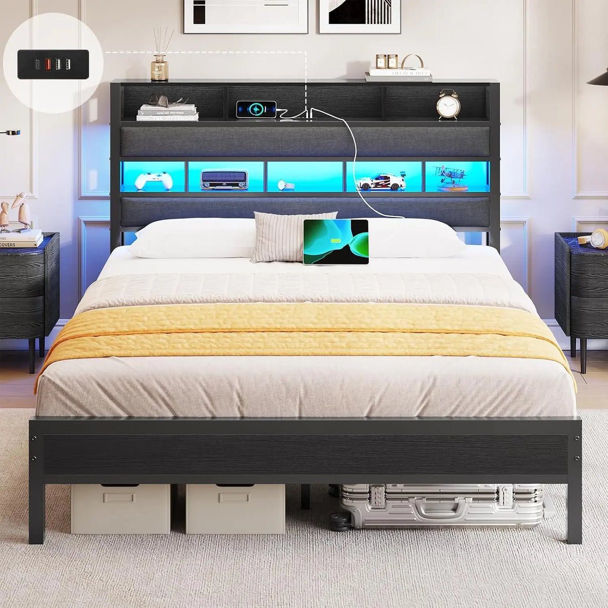 Bettzubehör Bett 190 cm mit LED-Beleuchtung und USB-Anschluss