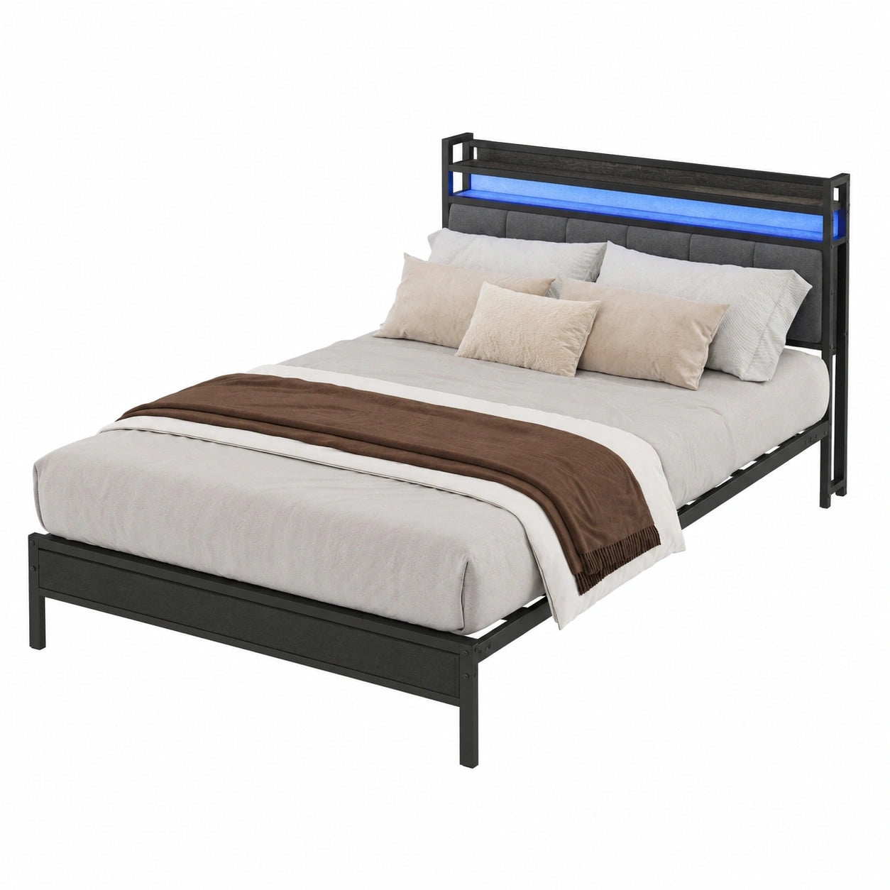 Moderner Doppelbett Metallrahmen 140x215 cm mit LED und Stauraum, Holzlatten-Kopfteil, schwarz