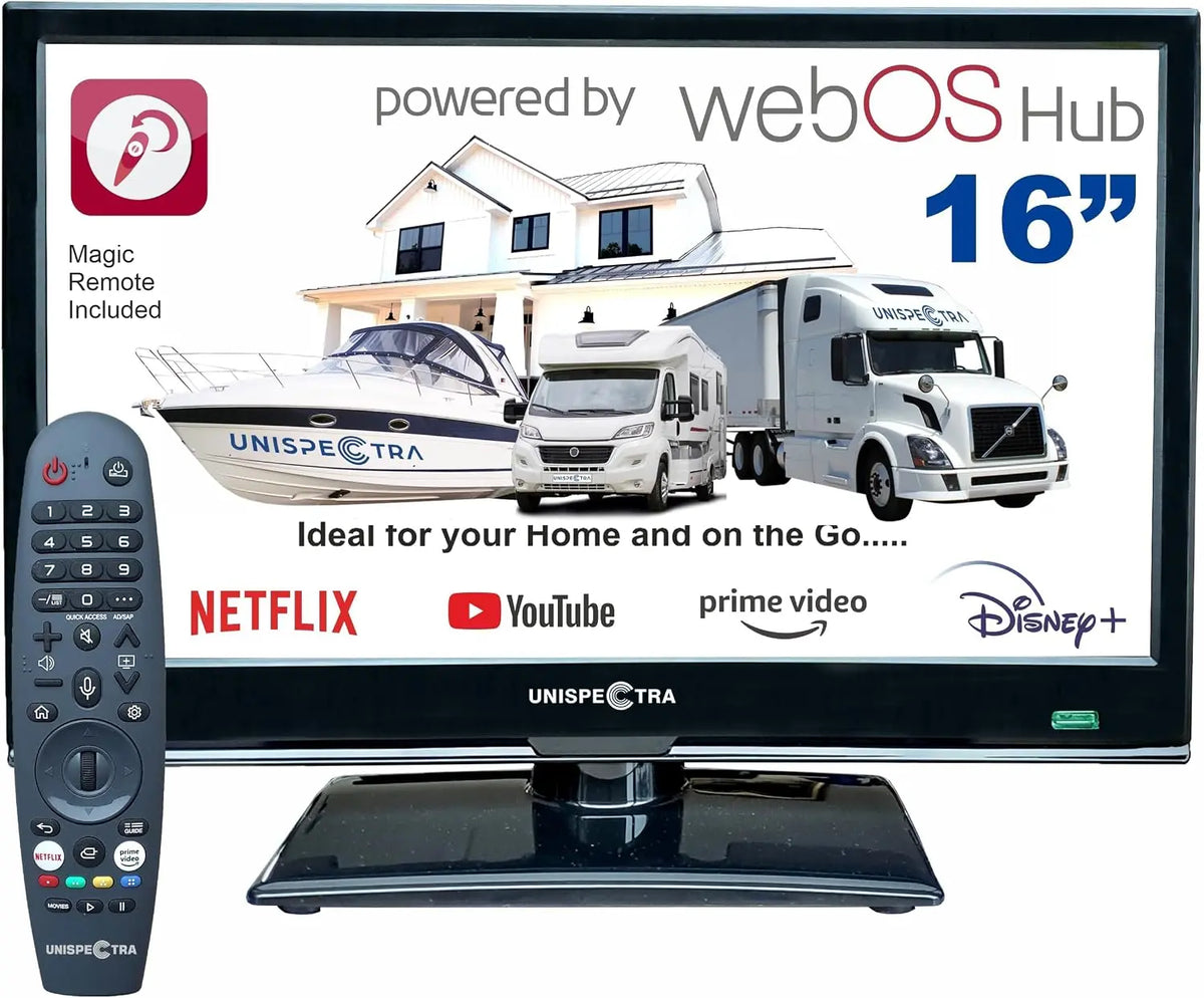 Unispectra Fernseher 230 V 24 V 12 V mit Fernbedienung und USB-Anschluss
