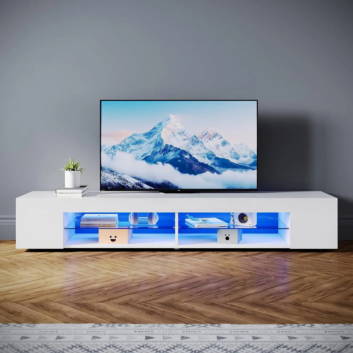 SONNI Lowboard mit LED (16 Farben) Glasböden Hochglanz Weiß 180x39x30cm