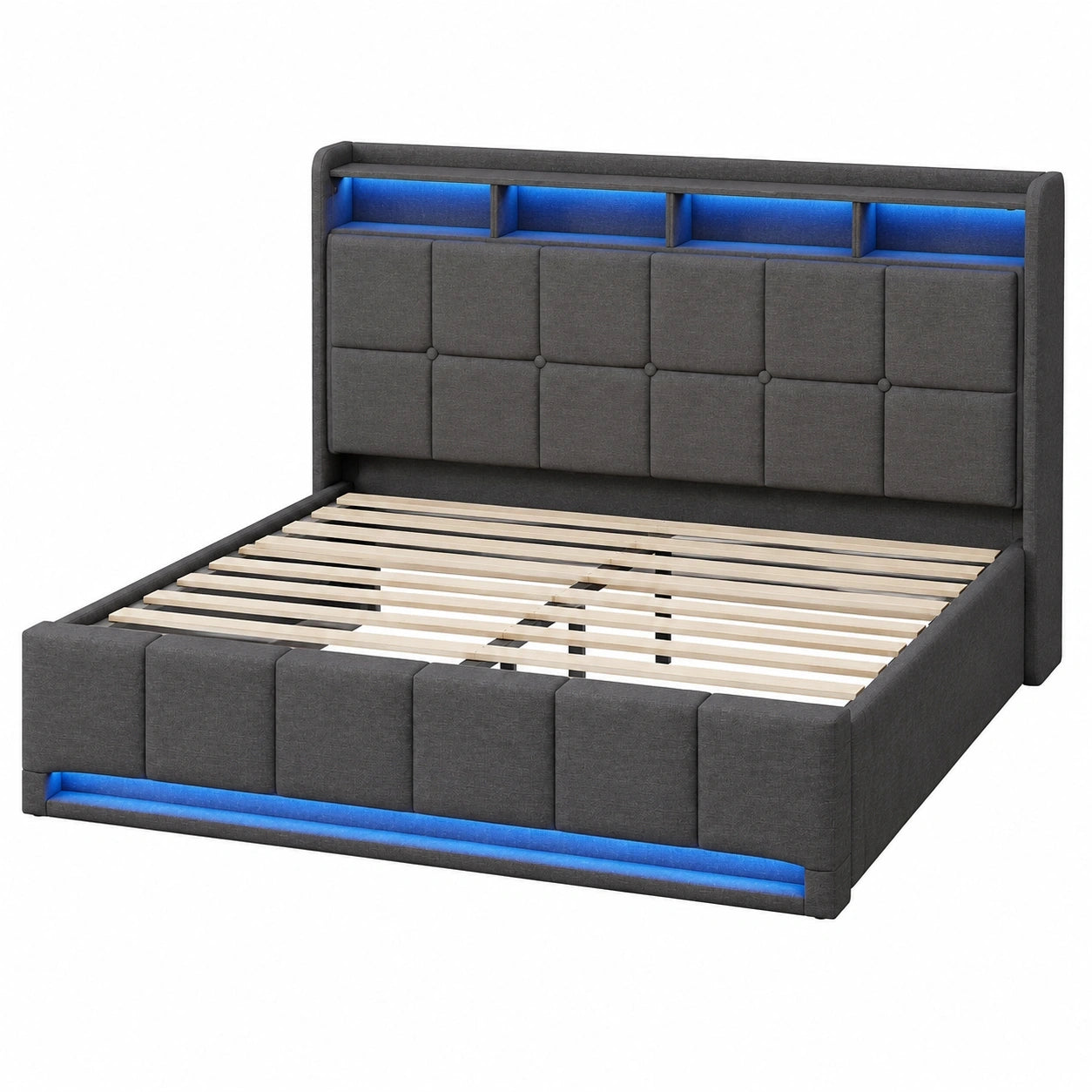 Modernes Polsterbett 140x200 cm mit LED und USB, Stauraumbett für Jugendliche