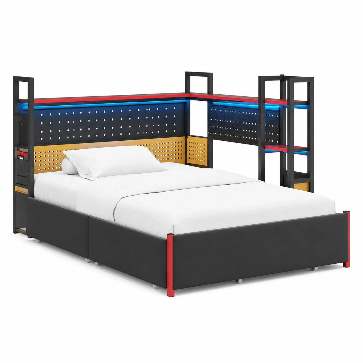 Gaming-Metallbett mit LED, USB, Lochwand und Stauraum