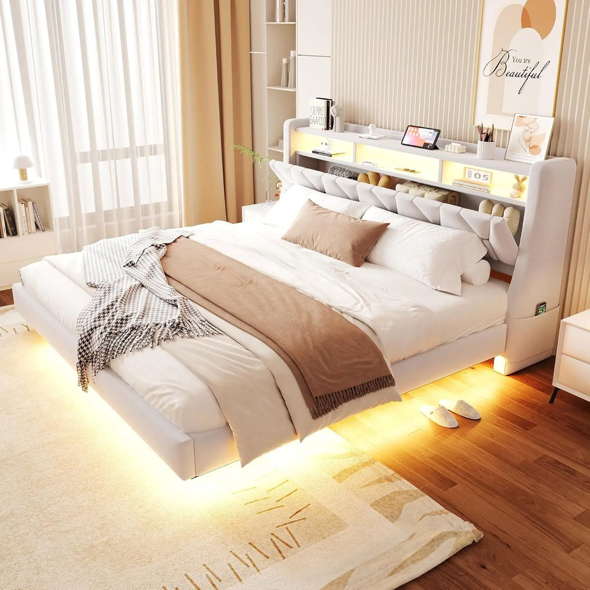Bettzubehör Bett 200 cm mit LED-Beleuchtung und USB-Anschluss Beige