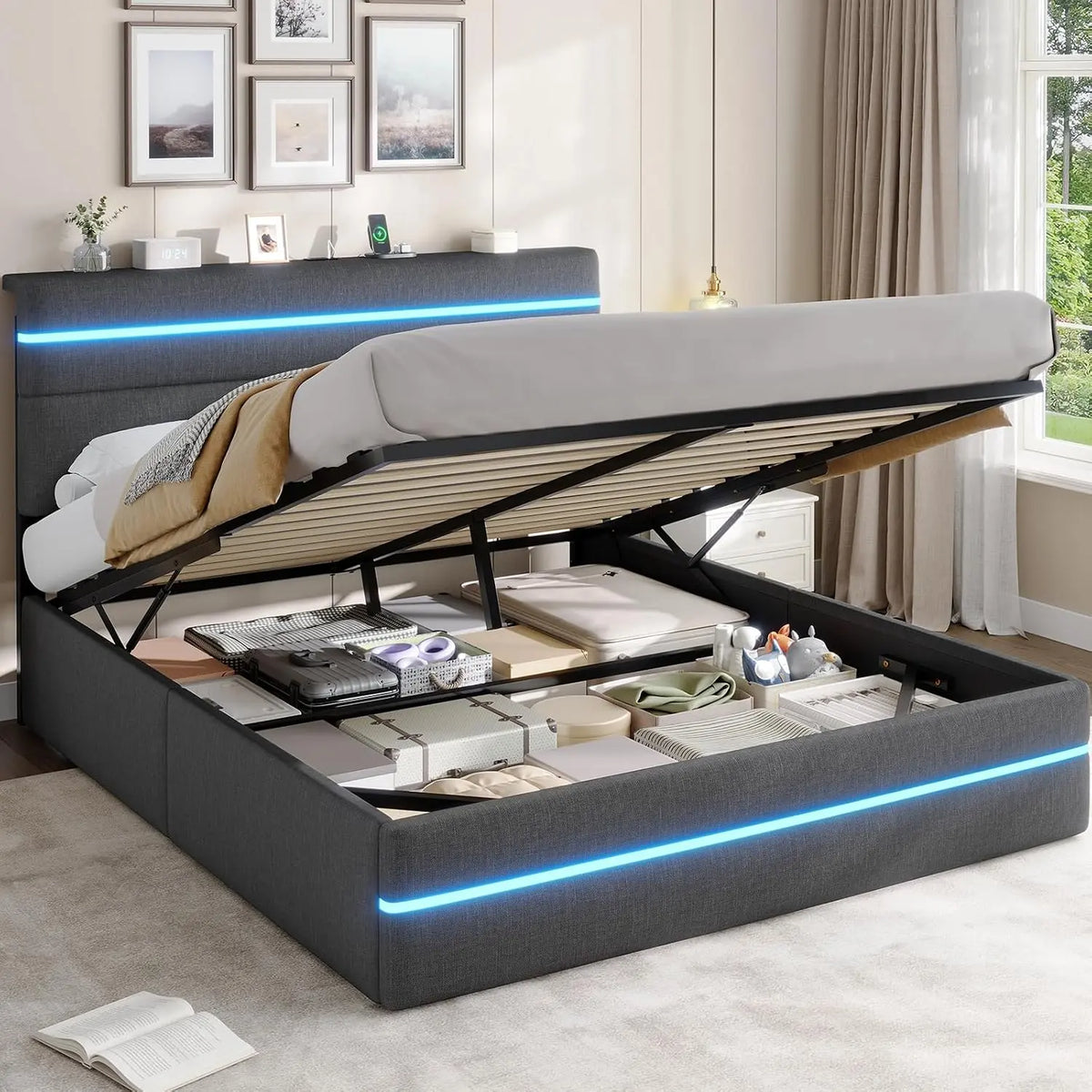 AOGLLATI Bett mit LED-Beleuchtung Dunkelgrau