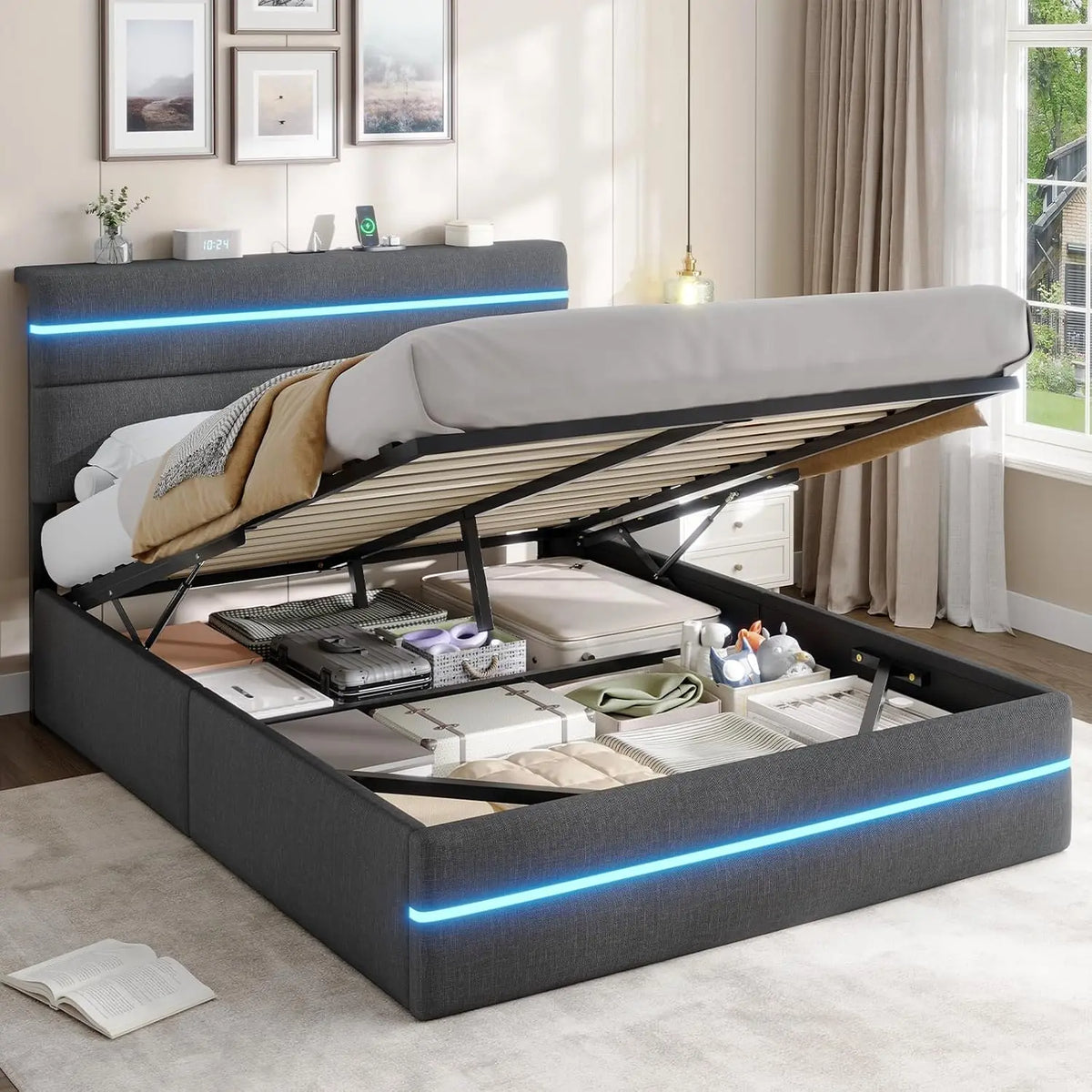 AOGLLATI Bett mit LED-Beleuchtung und USB-Anschluss Dunkelgrau