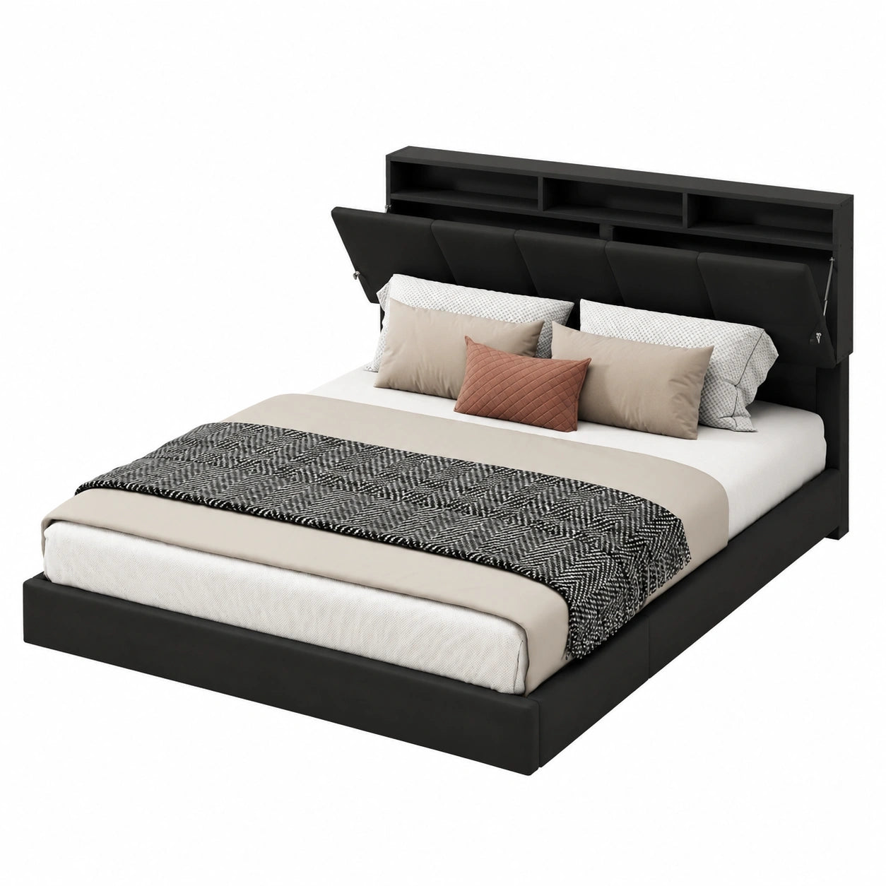 Modernes Polsterbett 160x200 cm mit LED und USB, Stauraumkopfteil, PU, Schwarz