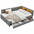 Multifunktionales Tagesbett 140x200cm mit Stauraum, LED und USB-Anschlüssen, graues Leinen, inkl. Lattenrost