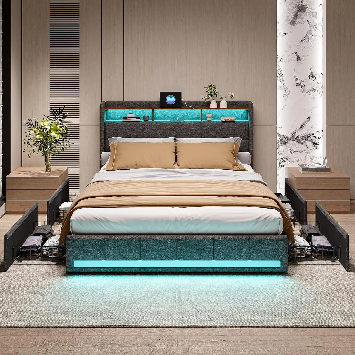Bettzubehör Bett mit LED-Beleuchtung und USB-Anschluss Grau