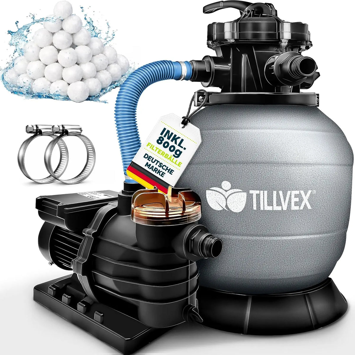 tillvex Sandfilteranlage Pool 10 m³/h + 800g Filterbälle & 7-Wege Ventil