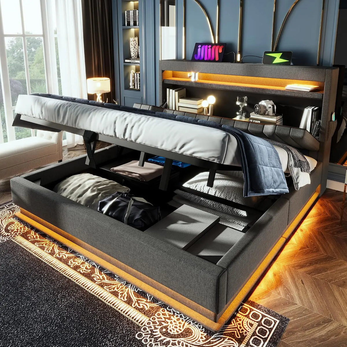 Bettzubehör Bett mit LED-Beleuchtung und USB-Anschluss Grau